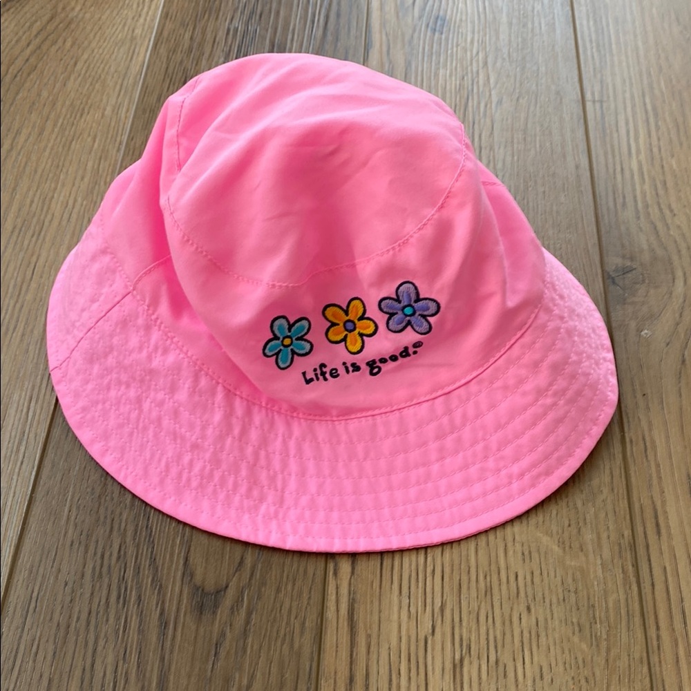 Life is Good | Pink Bucket Hat with Floral Embroidery | Toddler Girl
